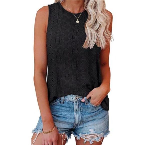 Womens Tank Tops Eyelet Embroidery Summer Sleeveless High Neck Loose Flowy Shirt - Picture 1 of 7